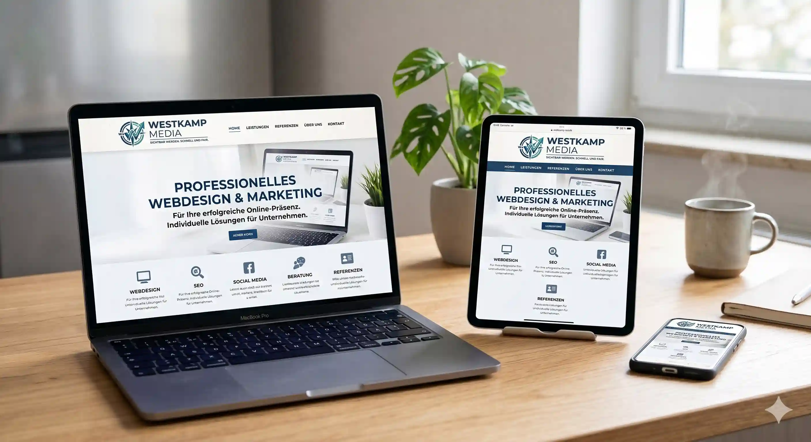 Ein handprogrammierter, für Smartphones, Tablets und Laptops optimierter Webauftritt von Westkamp Media auf drei verschiedenen Endgeräten.